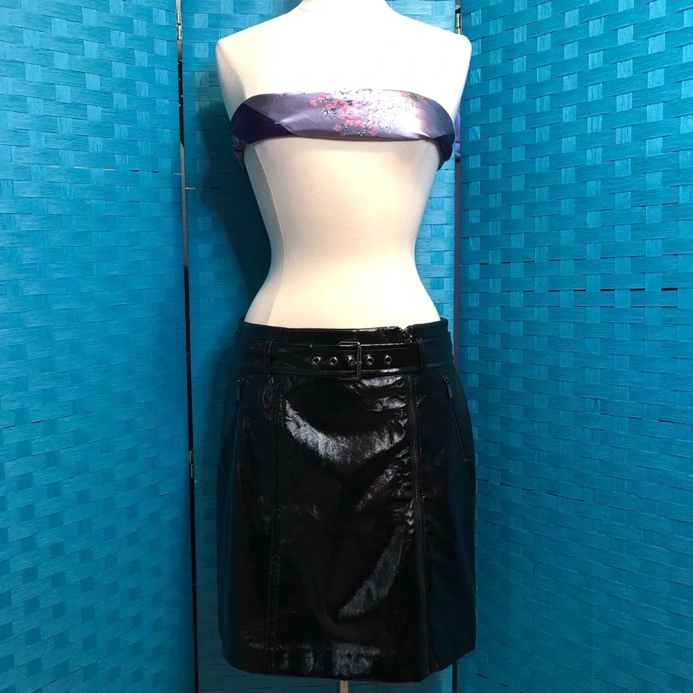 Karl Lagerfeld Faux Patent Leather Belted Mini Skirt Black New